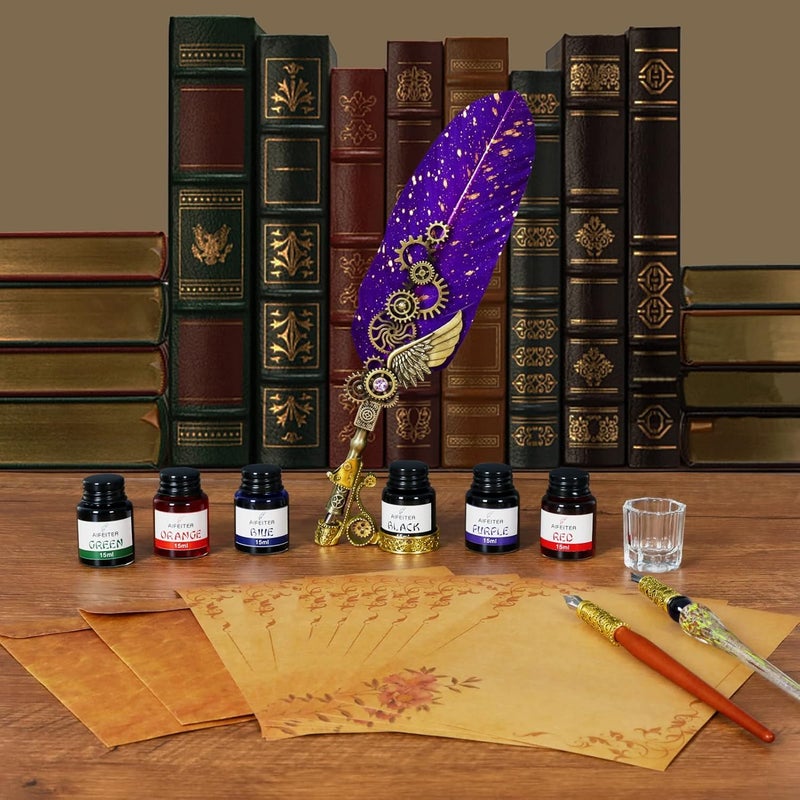 Aifeiter Feather Pen Ink Set, Wax Seal Stamp, Feather Calligraphy Pen, Birthday & (Purple) - Image 3